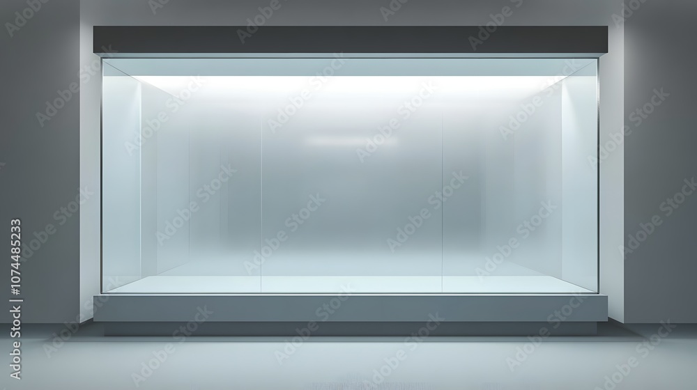 Aufkleber 9. a modern glass display case with soft white light, a large empty area to feature a product