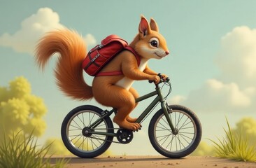 Fototapeta premium A squirrel pedals a bike while wearing a backpack, enjoying a sunny day in a vibrant park setting