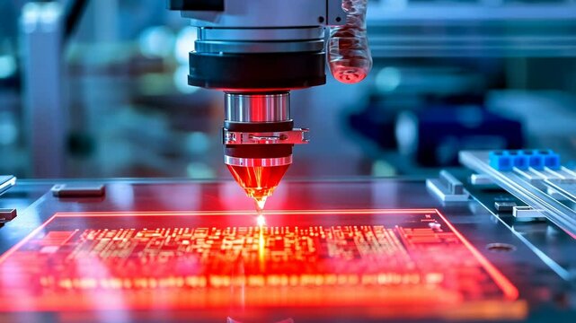 A robotic arm with a red laser is etching a circuit board in a factory
