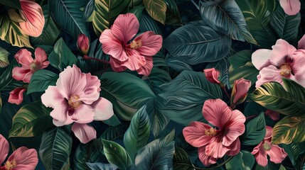 Delicate and detailed floral pattern featuring various shades of pink flowers and rich green leaves, creating a harmonious and beautiful design for multiple applications