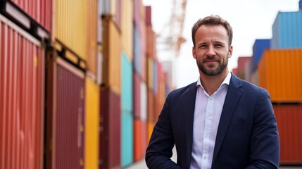 A professional man stands confidently among colorful shipping containers in a busy logistics area, reflecting the shipping and transportation industry.