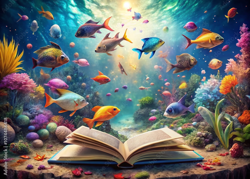 Poster enchanting fantasy underwater scene featuring an open book surrounded by colorful fish in a dreamlik