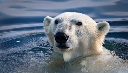 A polar bear sticking out its head out of water, sea