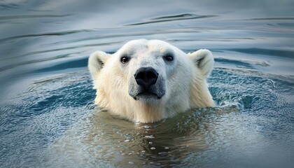 A polar bear sticking out its head out of water, sea