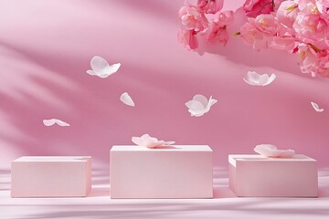 A pink podium with petals floating around