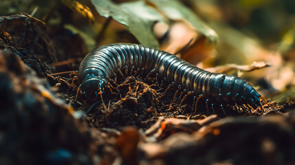 Fototapeta premium millipede crawling on forest floor, surrounded by leaves and soil