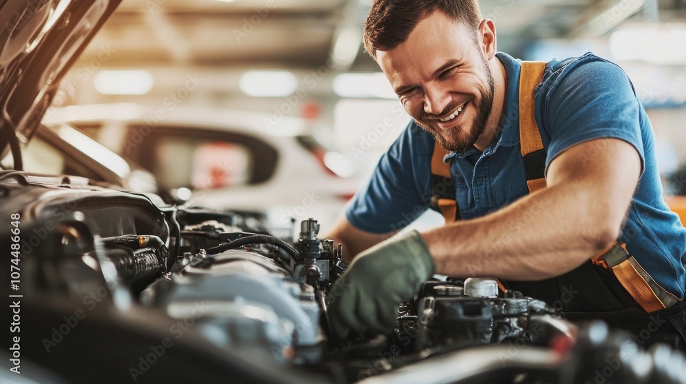 Poster a mechanic is working on a car engine with a smile on his face