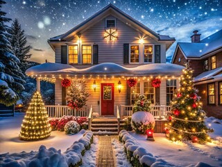 Enchanting Long Exposure of a Festively Lit Christmas Home at Night Showcasing Twinkling Lights and a Cozy Atmosphere in a Winter Wonderland Setting