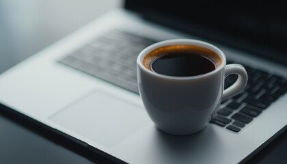 A hot cup of coffee on a laptop, perfect for remote work or study sessions.