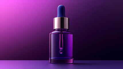 Purple Glass Dropper Bottle with a Blue Cap on a Purple Background, 3d Illustration