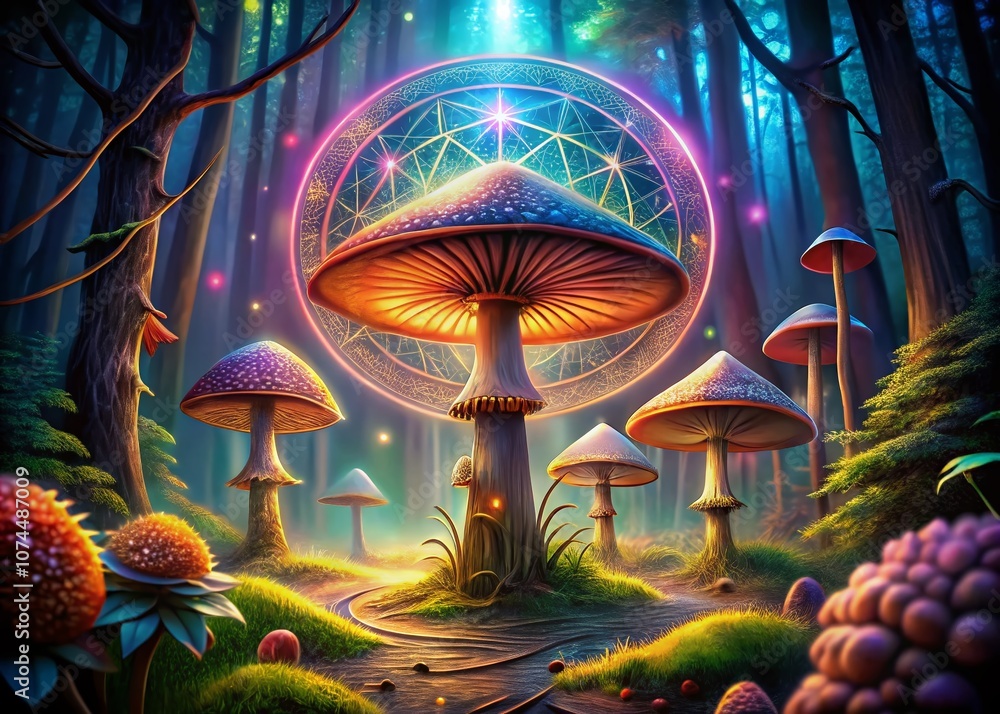 Poster enchanting low light photography of magic mushrooms intertwined with sacred geometry patterns in an 