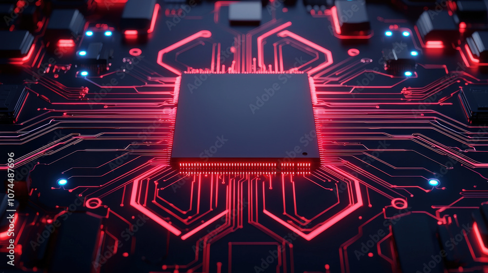 Poster close up of advanced microchip with glowing blue and red lights, showcasing intricate circuitry and 