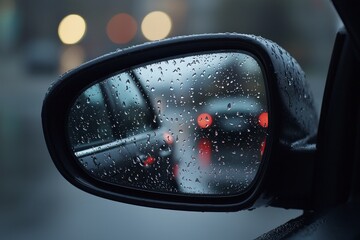 Raindrops scattered across a car's side mirror, blurring the reflection of nearby streetlights and buildings.