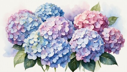 Fototapeta premium Beautiful watercolor hydrangea bouquet with soft blue and pink flowers
