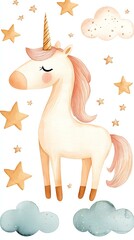 Enchanted Whimsy Watercolor Whimsical Pastel Daydream Whimsical unicorn illustration with clouds and stars.