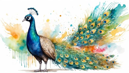 Watercolor illustration of a peacock displaying its colorful feathers with splashes of paint in a vibrant scene