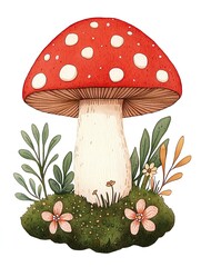 Enchanted Whimsy Watercolor Whimsical Pastel Daydream Colorful red mushroom in lush green surroundings.