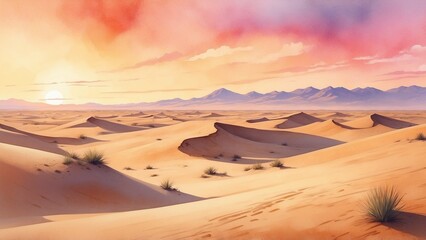 Naklejka premium Vibrant desert landscape at sunset with rolling sand dunes and mountains in a serene atmosphere
