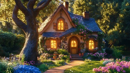 Fototapeta premium Charming Cottage Surrounded by Lush Garden at Sunset