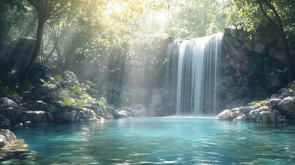A tranquil scene of a secret waterfall flowing into a crystal-clear pool, with sunlight filtering through the trees above 