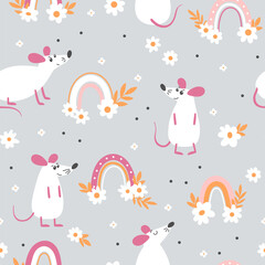 Rats and flowers seamless pattern