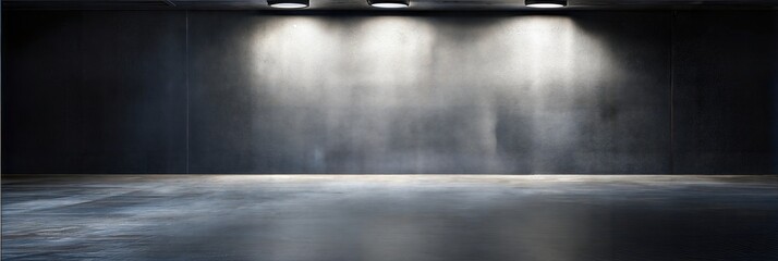 Dark industrial empty room with concrete walls, spotlight illumination, and a polished reflective floor.