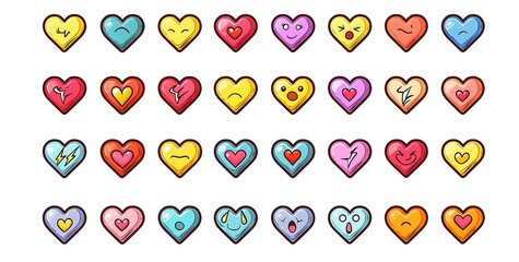 A set of heart emoji icons in various colors and shapes