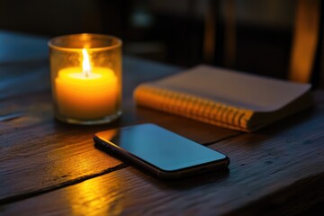 Phone face down on wooden table with candle and journal, unwind