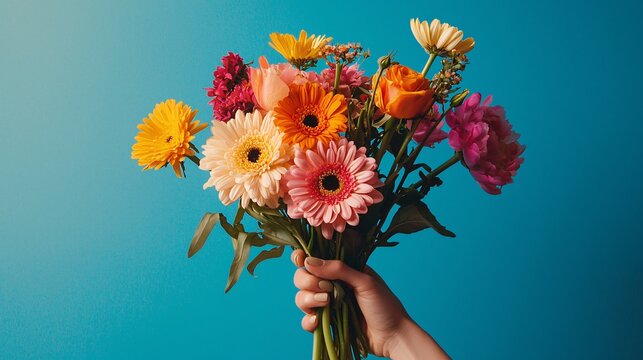 Hand displaying a vibrant bouquet of flowers, fingers holding the stems to showcase the colors and arrangement.