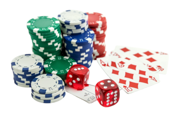 Green felt table with playing cards chips and dice isolated on transparent background