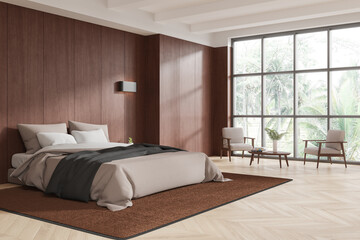 Fototapeta premium Cozy modern bedroom with large windows, brown accents, and minimalist furniture on wooden floor. Concept of contemporary home design. 3D Rendering