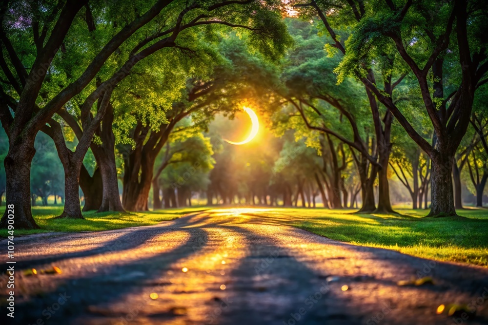 Poster ethereal crescentshaped shadows beneath tree canopy during partial solar eclipse with bokeh effect, 