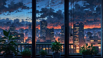 Rainy Anime City Scene with Vibrant Colors