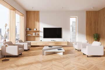 Classical home living room interior with armchairs and tv near panoramic window