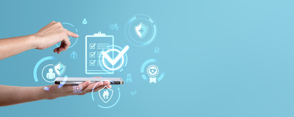 Woman finger touch glowing health insurance, medical care. Copy space