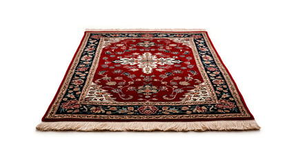 A red Persian rug with intricate floral patterns and a border. The rug has a fringed edge and is shown on a white background