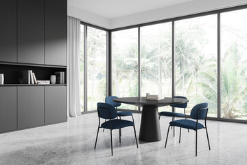 Modern Dining Room with Large Windows and Minimalist Design. 3D Rendering