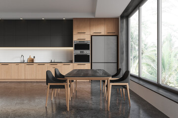 Modern Kitchen Interior with Wooden Cabinets and Large Window. 3D Rendering