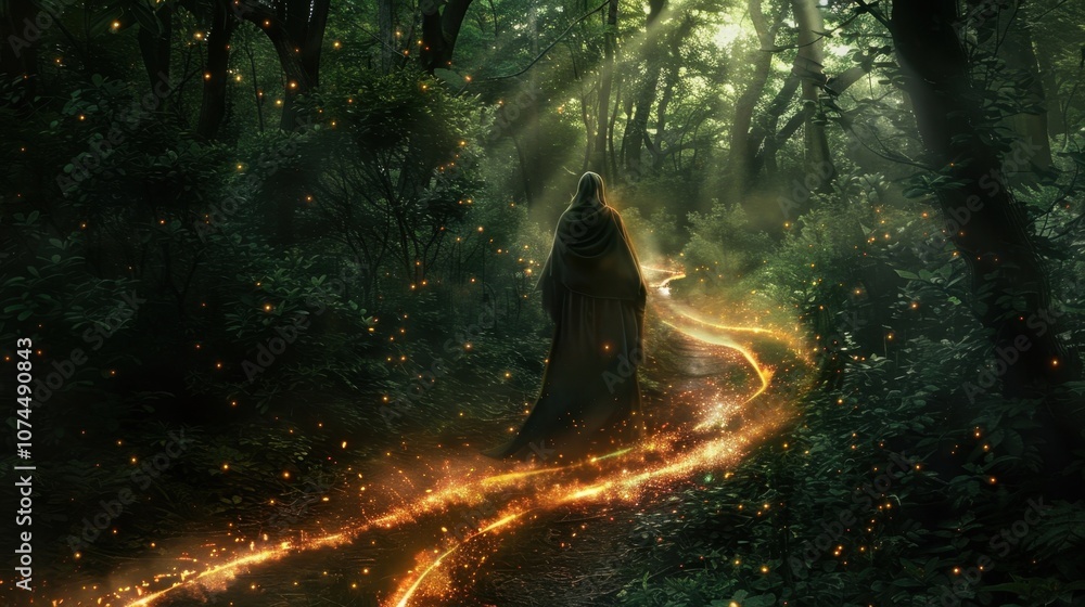 Poster trailing behind a hooded figure shimmering threads of magic lit up the dark forest path.