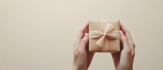 Pair of hands holding wrapped gift box with bow, clean background