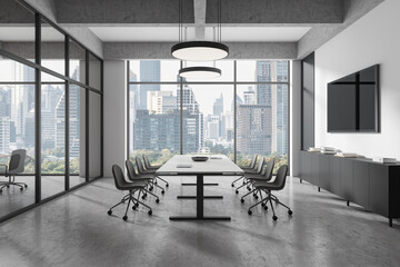 Spacious conference room with large table, chairs, and cityscape view. Minimalist office interior...