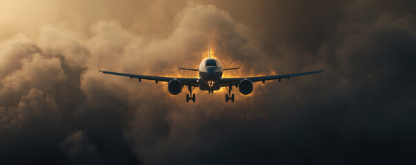 Airplane soaring through dramatic clouds against a sunset sky.