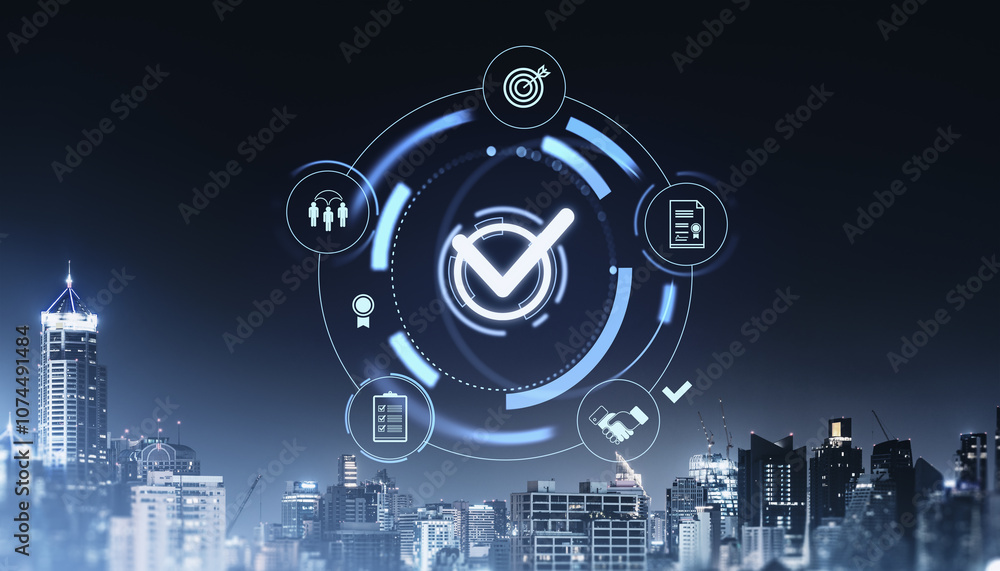 Poster digital checkbox with business icons over cityscape.