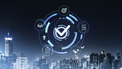 Digital Checkbox with Business Icons over Cityscape.