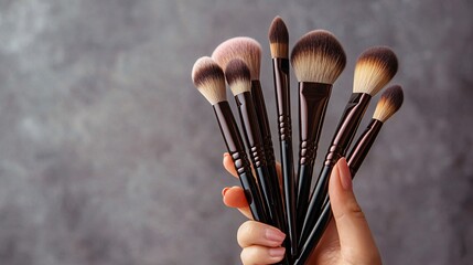 Hand holding a set of professional makeup brushes, fingers positioned to display the brush tips and handles.