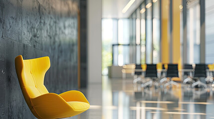 A yellow chair is sitting in a large room with a lot of chairs office