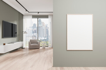 Living room interior armchair and tv screen with panoramic window, mockup frame
