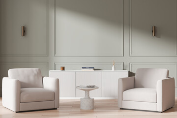Stylish home living room interior with armchairs and drawer, decoration