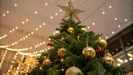 Festive holiday spirit captured in a close-up of a Christmas tree, featuring glittering baubles and a golden star, illuminated by warm string lights