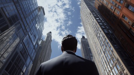 A man in a suit is standing in front of a tall building